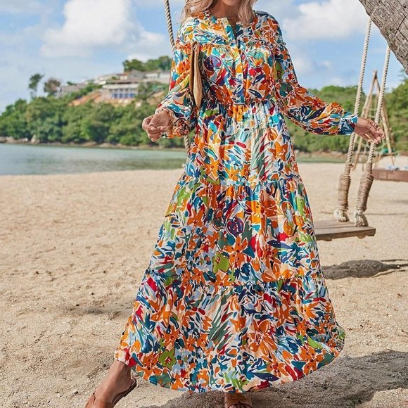 Multicolor Boho Womens Floral Print Lantern Sleeve Dress - Picture 5 of 5